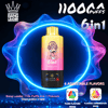 Colorful ad showing a Bang Leader disposable vape with a yellow-to-pink gradient and a cartoon monkey wearing headphones labeled "6in1" centered in a glowing blue neon ring, with text claiming 11000 puffs, "6 adjustable flavors," and small flavor-combination icons.