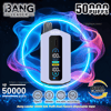 Promotional image of a Bang Leader disposable vape showing a light purple device with a black digital display reading 100% and mode icons, set against neon blue and pink smoke with text callouts for 50,000 puffs, Type-C charging, 650mAh battery, dual mesh, adjustable settings and dual-flavor capability.