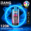 Disposable vape device labeled BANG LEGEND and 120K featuring a stylized monkey with a pink hat and sunglasses, centered inside a glowing blue smoke ring and accompanied by icons for 5-in-1 flavors, mesh coil, 50ml capacity, Type‑C charging and 360° rotation.