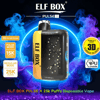 ELF BOX Pulse X disposable vape with a yellow side panel labeled ELF BOX and a glossy black 3D curved screen showing constellation-like lights, centered against swirling blue and purple smoke with badges advertising Pulse Mode 15K puffs, Regular Mode 25K puffs and a World's First 3D Curved Screen.