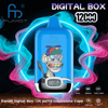Bright blue disposable vape device labeled AUMOT featuring a colorful cartoon ape with sunglasses and a propeller hat, a digital puff-count display on the front, surrounded by teal and pink neon vapor rings and text advertising Digital Box 12,000 puffs.