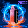 Pink-to-orange gradient RandM Fumot Tornado disposable vape with a black smart-screen display showing icons, centered before a neon blue circular ring and swirling blue-orange vapor with '20K Puffs' and branding text in the background.