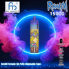 Cylindrical RandM Tornado 15,000‑puff disposable vape with a colorful cartoon monkey illustration centered inside a glowing blue neon ring against a dark background with swirling pink and purple vapor, FUMOT logo at top left and feature icons (rechargeable 850mAh, 25ml reservoir, USB‑C, adjustable airflow) along the right side.