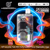 Rectangular clear disposable vape labeled UZY Crystal Twin 50K showing astronaut artwork on the front, a small digital battery percentage display and icons, set against swirling blue and orange smoke rings with prominent text reading 50,000 puffs and double flavour.