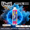 Promotional image of a Uwin Crystal 10000 disposable vape centered inside a glowing blue ring with colorful smoke and gold flecks in the background, showing the pink and multicolor device labeled "Crystal 10000" and text noting 10000 puffs, 18 ml, 0.8Ω mesh coil, Type-C port and RGB lights.