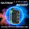 Mint-green and black GAZZBAR disposable vape with a starry constellation panel and numeric '100' display centered inside a glowing blue ring, set against swirling blue and orange vapor with 'GAZZBAR' branding, '30,000 puffs' text and small feature icons across the top.