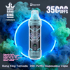 Blue promotional image featuring a central cyan-blue disposable vape labeled 'Bang King Tornado' and 'Blueberry Ice' framed by a glowing neon ring and swirling teal and blue vapor, with prominent '35K PUFFS' text, brand logos and small product specs.