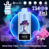 Advertisement for Bang King Triple disposable vape showing a light-blue device with a cartoon monkey in a purple top hat and 'Nano Kino' branding, set against a neon blue ring and purple-blue vapor, with text highlighting 75,000 puffs, 3-in-1 flavors and product specs.