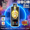 Promotional image of a black Bang Legend vape device with a crowned monkey logo and 'Pineapple Coconut' label, set against neon blue ring and colorful smoke, with icons for Type‑C charging, 850mAh battery, oil tank 3 and LED screen, and prominent '6 in 1' adjustable flavors and '150k puffs' text.