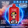 Red ELF BOX Digital disposable vape device with a crowned cartoon monkey on the front, small digital display at the base, large "12000 puffs" callout and feature icons (Type-C, mesh coil, 25ml, 500mAh) set against a blue and pink smoke background with the PGVape logo.