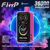 Pink rectangular FIHP disposable vape device with a black touchscreen reading 'FIHP 36000 PUFFS' and 'DOUBLE FLAVOR', centered against swirling purple and blue vapor with icons and text noting 36,000 puffs, double flavor, dual mesh coil, 32 mL e-liquid, Type-C charging and 850 mAh battery.