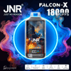 Promotional image of a JNR Falcon-X disposable vape device labeled Just No Reason and Mixed Berries centered inside a glowing blue ring, featuring a fiery eagle artwork on the device and surrounded by swirling multicolored vapor with bold text indicating 18,000 puffs and product icons along the bottom.