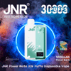 Advertising image featuring a mint-green and white JNR Power Mate disposable vape with a digital battery display centered in a neon blue ring and colorful smoke, accompanied by the text 'JNR Just No Reason', '30 PUFFS', and a small illustration labeled '5000mAh Power Bank'.