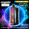 Promotional image of a black Mr. Goodie disposable vape with a colorful graffiti panel labeled "Blue Razz" centered inside a glowing neon-blue ring amid purple and teal vapor, with text and icons advertising 50,000 puffs, DTL & MTL 2-in-1 modes, 1100mAh battery and 40mL e-liquid plus small product specs and the pgvape logo.