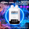 White UWAKE disposable vape device with two rounded top nozzles and a black control panel, centered on a glowing blue ring against swirling purple and blue smoke, branded with 'mr.goodie' and 'UWAKE' and labeled '30,000 puffs' with icons for mouth and nasal inhalation.