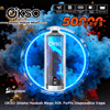 Centered cylindrical OKSO Shisha Hookah Mega disposable vape device framed by a glowing blue neon ring against swirling blue and red smoke, with bold text advertising 50K puffs and brand icons across the top.