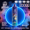 Center-stage purple-blue UZY Tornado disposable vape with a cartoon ape illustration, small digital display and mouthpiece inside a glowing blue ring, set against swirling pink and blue vapor with icons and text noting Type‑C charging, 850 mAh battery, 28 ml capacity and '20000 puffs' branding.