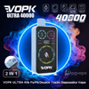 Rectangular VOPK Ultra 40000 disposable vape device with a colorful RGB screen showing dual-flavor icons, a central astronaut graphic and VOPK logo, set inside a neon blue ring with swirling pink and blue vapor and promotional text and icons advertising 40,000+ puffs, child lock, 36 mL capacity and dual-flavor switching.