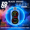 Bright advertisement featuring a blue ZOOY Blaze 25000 disposable vape with a central full‑screen colorful display, glowing blue ring and red/blue vapor background, icons for full‑screen display, double mesh coil, Type‑C charging, adjustable airflow and power, and text highlighting 25,000 puffs.