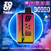 Colorful ad for a ZOOY Twins disposable vape showing a gradient pink-orange device labeled “30000 puffs” and “dual flavors” centered in a blue neon ring with smoky background, flavor name (Strawberry Ice Cream & Peach Mango Milkshake) and feature icons for 650mAh battery, Type‑C charging, double mesh coil, 35ml volume and rotating cigarette holder.