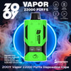 Dispositif de vape jetable ZOOY vert étiqueté “ 22 000 bouffées ” centré sur un fond circulaire bleu néon avec de la vapeur tourbillonnante rose et bleue et de petites icônes indiquant l'affichage LED, la bobine à double maille, la batterie de 650 mAh et la charge rapide de type C.