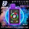 Purple rectangular ZOOY Power disposable vape with a top mouthpiece and strap, a front digital screen featuring a colorful circular gauge, battery icons and logo, shown against swirling blue and orange smoke with 28K puffs and product details around it.