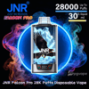 Front-facing JNR Falcon Pro disposable vape device featuring an eagle illustration and a small digital display, centered inside a glowing blue ring with swirling red and blue smoke and product text indicating 28,000 up to puffs and 30 ml e-liquid.