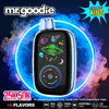 Glossy black Mr.Goodie "Dual Mode King" disposable vape centered against a neon blue and pink smoke ring, showing colorful UFO and space-themed graphics on its front panel and text advertising 25K/50K puffs and 10 flavors.