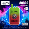 Colorful advertisement for a Bang Leader disposable vape showing a green-to-red device labeled 80,000 puffs centered inside a glowing blue ring against swirling pink and blue vapor, with icons for Type-C, 80,000 puffs and dual mesh on the left, a 'Three Flavor' circular badge and large '80,000 puffs 3 in 1 Flavors' text on the right, and 'Shipment from EU Free Shipping' and the product name along the bottom.