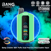 Mint-green Bang Leader disposable vape centered on a blue-green smoky background, with a black vertical digital display showing battery percentages and POWER/NORM/TURBO indicators, a top mouthpiece, and visible badges for dual flavor, 50K puffs, Type-C/650mAh/dual-mesh/adjustable, plus 'Shipment from EU' and 'Free Shipping' labels.