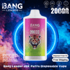 Front-facing colorful Bang Leader disposable vape with a roaring tiger graphic and large '20,000 puffs' branding, shown against a cosmic blue and purple smoky background with icons and text indicating 28ml capacity, Type‑C charging, 650mAh battery, dual‑mesh coil, and 'Shipment from EU' / 'Free Shipping' labels.