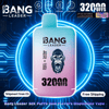 Gradient blue-to-pink disposable vape device labeled BANG LEADER with a roaring gorilla logo and large 32000 PUFFS text, set against a neon blue circuit-board background with icons for dual 28ml pods, Type-C charging, 650mAh battery and dual mesh, plus 'Shipment from EU' and 'Free Shipping' badges.