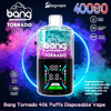 Bright ad showing a Bang Tornado disposable vape with a teal-and-purple top and black bottom digital display, surrounded by pink and blue vapor and labeled with 40,000 puffs, 40 mL e-liquid, 850 mAh battery, Type‑C charging and triple mesh coil icons.