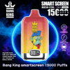 Colorful product advertisement showing a red-to-yellow gradient disposable vape labeled "Bang King" with a cartoon blue-mohawk monkey sticking out its tongue, a small digital battery/percentage display, prominent text reading SMART SCREEN and 15000 PUFFS, and a smoky blue-purple background with icons for oil indicator, power indicator, and 25 mL capacity.