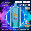 Turquoise FiHP Multi disposable vape package showing a rectangular device with a cartoon monkey graphic against a neon blue circle and swirling purple/teal vapor, labeled “6 in 1” and “120K puffs” with icons for six flavors, 650 mAh battery, Type‑C charging, 64 mL e‑liquid capacity, dual mesh coil and LED screen.