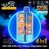 Bright promotional graphic of a metallic turquoise UOR 120K disposable vape with windowed panels showing colorful cartoon artwork including a roaring gorilla, set against glowing blue and purple smoke and overlaid with icons for Type‑C, 64mL, 650mAh, 4 flavors and mesh coil plus labels reading EU Warehouse, Free Shipping and 4 in 1.