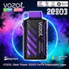 Black and purple Vozol Gear Power disposable vape with a purple mouthpiece and diagonal vents labeled “Cherry Lemonade,” centered on a neon blue ring amid pink and teal smoke with overlay text and icons advertising 20,000 puffs, dual modes, and a full-screen display.