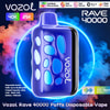 Purple-blue Vozol Rave 40000 disposable vape with oval cutouts and the Vozol logo, shown against a neon circular backdrop with blue and orange vapor and product text indicating up to 40,000 puffs, 20 mL e-liquid capacity, mesh coils and 1000 mAh battery.
