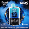 青と黒の Bang Leader Stoll 2-in-1 デュアルフレーバー使い捨て VAPE デバイス。デジタル ディスプレイとブランドが付いています。渦巻く青い煙の背景に「120000 パフ」というテキストと pgvape ロゴが表示されています。.