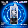 Bang Leader Stoll の使い捨て電子タバコのプロモーション画像。パンダのアートワークとデジタル パフ カウンターが特徴です。中心には、100,000 パフ、4-in-1 フレーバー、バニラ アイス クリーム フレーバーを宣伝するラベルが付いた、輝く青色の同心円リングが描かれています。.