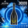 Black champagne-bottle-shaped disposable vape with a gold 'Champagne Vape' label centered against a glowing blue neon circular backdrop, surrounded by splashing bubbles, a champagne flute, and brand logos reading SOLARIS, 30,000 puffs and pgvape.