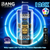 Canette de vape jetable 5-en-1 Bang Legend 120K avec un graphique de singe bleu sur un fond circulaire bleu néon