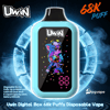 Turquoise Uwin disposable vape with a black screen showing a neon colorful cartoon cat and confetti, 68k puffs.
