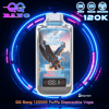 Dispositivo de vapeo desechable QQ Bang con cuerpo plateado y etiqueta de águila, sabor Blueberry Red Raspberry, fondo de anillo azul neón.