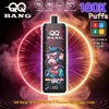 Black disposable vape with a monkey graphic, QQ Bang logo, neon ring backdrop, and 180K Puffs kiwi passionfruit guava flavor.
