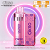 Pink OKSO Switch Kit disposable vape with hex-pattern body and bottle labeled Kiwi Dragon Berry Fruit, against neon rings.