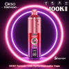 Pink OKSO Tornado disposable vape bottle with 100K puffs, centered inside glowing neon pink rings
