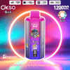 OKSO 6in1 disposable vape with pink cap, purple glitter body and skull graphic, 120k puffs, shown against a neon ring backdrop.