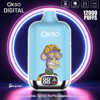 OKSO Digital 12000 Puffs disposable vape with blue body, cartoon monkey graphic, and neon ring background, 500mAh, mesh coil, Type-C
