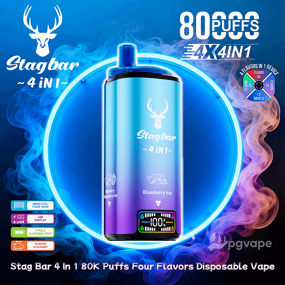 A metallic blue-to-purple Stagbar 4-in-1 disposable vape with a deer logo and LED display centered in a glowing neon ring, surrounded by blue and pink vapor and text advertising 80,000 puffs and four flavors including Blueberry Ice.